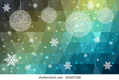 Light Blue, Green vector christmas polygon background. Low poly Illustration consisting of triangles with snowflakes. Texture background of New Year celebration.
