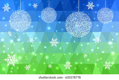 Light BLUE, green vector christmas polygon background. Low poly Illustration consisting of triangles with snowflakes. Texture, seamless background of New Year celebration.