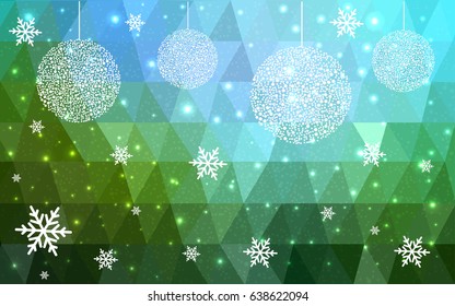 Light Blue Green vector christmas polygon background. Low poly Illustration consisting of triangles with snowflakes. Texture, seamless background of New Year celebration.