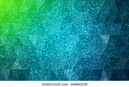 Light Blue, Green vector christmas polygon background. Low poly Illustration consisting of triangles with snowflakes. Texture background of New Year celebration.