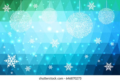 Light Blue Green vector christmas postcard low polygon background. Illustration consisting of triangles. Abstract triangular polygonal origami or crystal design of New Year celebration.