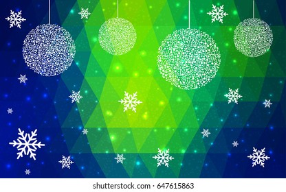 Light Blue Green vector christmas polygon background. Low poly Illustration consisting of triangles with snowflakes. Texture, seamless background of New Year celebration.