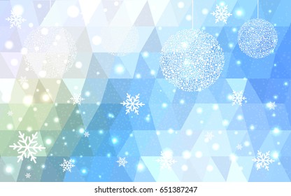 Light Blue Green vector christmas polygon background. Low poly Illustration consisting of triangles with snowflakes. Texture, seamless background of New Year celebration.