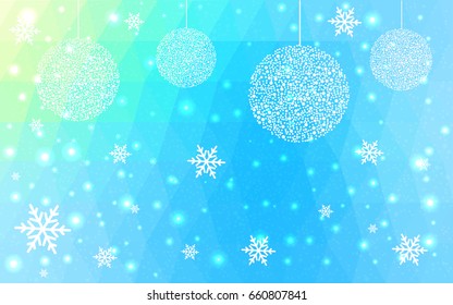 Light Blue Green vector christmas polygon background. Low poly Illustration consisting of triangles with snowflakes. Texture, seamless background of New Year celebration.