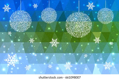 Light Blue Green vector christmas polygon background. Low poly Illustration consisting of triangles with snowflakes. Texture, seamless background of New Year celebration.
