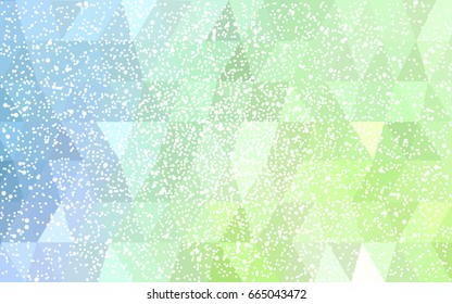 Light Blue, Green vector christmas polygon background. Low poly Illustration consisting of triangles with snowflakes. Texture background of New Year celebration.