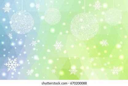 Light Blue Green vector christmas polygon background. Low poly Illustration consisting of triangles with snowflakes. Texture, seamless background of New Year celebration.