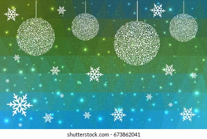 Light Blue Green vector christmas polygon background. Low poly Illustration consisting of triangles with snowflakes. Texture, seamless background of New Year celebration.