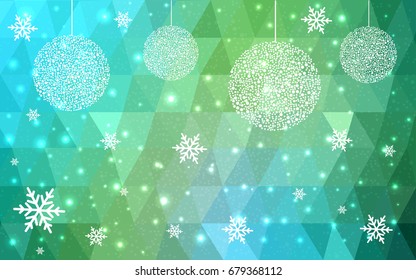 Light Blue Green vector christmas polygon background. Low poly Illustration consisting of triangles with snowflakes. Texture, seamless background of New Year celebration.