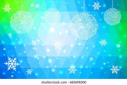 Light Blue Green vector christmas postcard low polygon background. Illustration consisting of triangles. Abstract triangular polygonal origami or crystal design of New Year celebration.