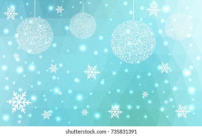Light Blue Green vector christmas polygon background. Low poly Illustration consisting of triangles with snowflakes. Texture, seamless background of New Year celebration.
