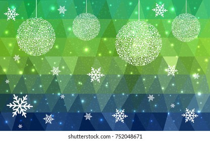 Light Blue Green vector christmas polygon background. Low poly Illustration consisting of triangles with snowflakes. Texture, seamless background of New Year celebration.