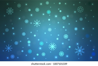 Light Blue, Green vector cover with beautiful snowflakes. Decorative shining illustration with snow on abstract template. The pattern can be used for year new  websites.