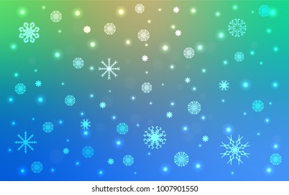 Light Blue, Green vector cover with beautiful snowflakes. Blurred decorative design in xmas style with snow. New year design for your business advert.