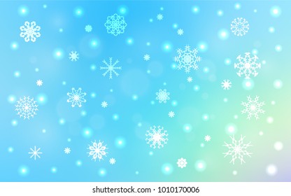 Light Blue, Green vector cover with beautiful snowflakes. Snow on blurred abstract background with gradient. The pattern can be used for new year leaflets.