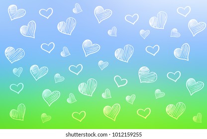 Light Blue, Green vector cover with Shining hearts. Hearts on blurred abstract background with colorful gradient. Pattern for marriage gifts, congratulations.