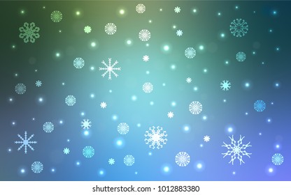 Light Blue, Green vector cover with beautiful snowflakes. Decorative shining illustration with snow on abstract template. New year design for your ad, poster, banner.