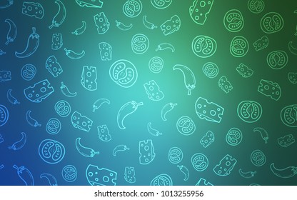 Light Blue, Green vector cover with cuisine gourmet. Fast Food on blurred abstract background with colorful gradient. Design for ad, poster, banner of cafes or restaurants.