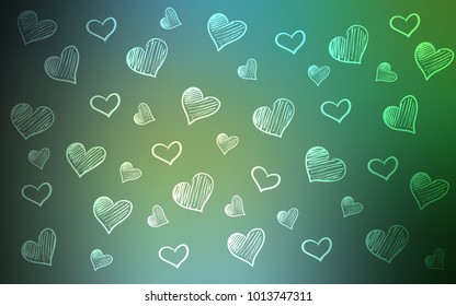 Light Blue, Green vector cover with Shining hearts. Decorative shining illustration with hearts on abstract template. Beautiful design for your business advert of anniversary.