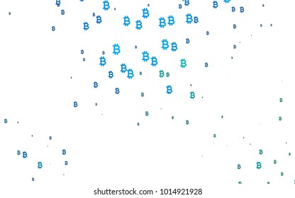 Light Blue, Green vector cover with financial symbols. Blurred design in simple style with symbols of Bitcoins. The pattern can be used as ads, poster, banner for payments.