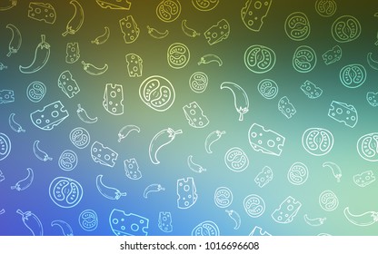 Light Blue, Green vector cover with cuisine gourmet. Beautiful colored illustration with food in doodle style. Pattern for ads of breakfast, lunch, dinner.
