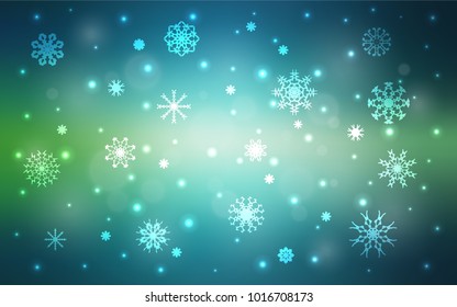 Light Blue, Green vector cover with beautiful snowflakes. Decorative shining illustration with snow on abstract template. The pattern can be used for year new  websites.