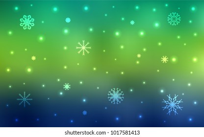 Light Blue, Green vector cover with beautiful snowflakes. Decorative shining illustration with snow on abstract template. The pattern can be used for year new  websites.