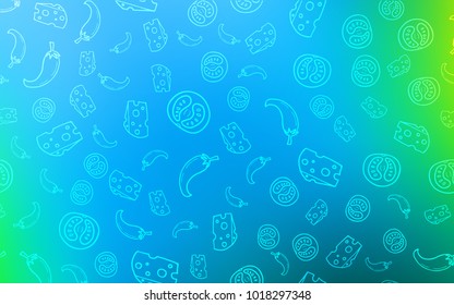 Light Blue, Green vector cover with cuisine gourmet. Illustration with set of fresh food in doodle style. Template for meal cooking in kitchen.