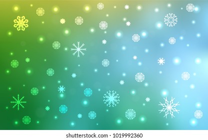 Light Blue, Green vector cover with beautiful snowflakes. Snow on blurred abstract background with gradient. The pattern can be used for new year ad, booklets.