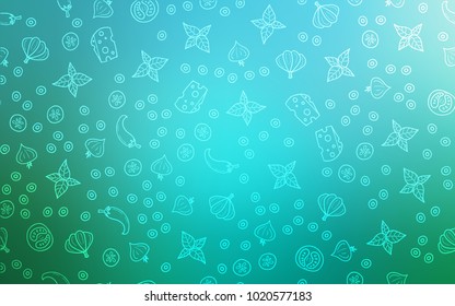 Light Blue, Green vector cover with cuisine gourmet. Blurred decorative design of snacks in doodle style. Template for meal cooking in kitchen.