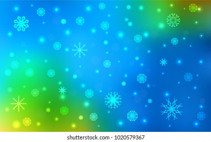 Light Blue, Green vector cover with beautiful snowflakes. Blurred decorative design in xmas style with snow. The pattern can be used for new year ad, booklets.