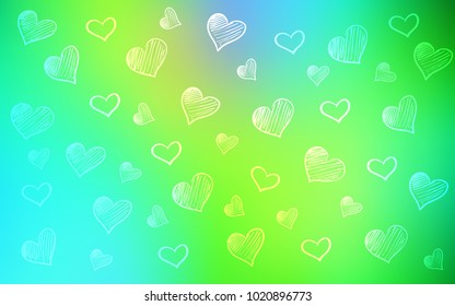Light Blue, Green vector cover with Shining hearts. Decorative shining illustration with hearts on abstract template. Pattern can be used for valentine's ad, booklets.