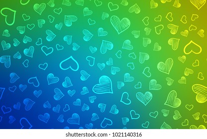 Light Blue, Green vector cover with Shining hearts. Blurred decorative design in doodle style with hearts. Pattern for marriage gifts, congratulations.
