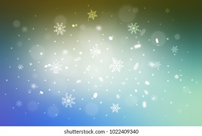 Light Blue, Green vector cover with beautiful snowflakes. Decorative shining illustration with snow on abstract template. New year design for your ad, poster, banner.