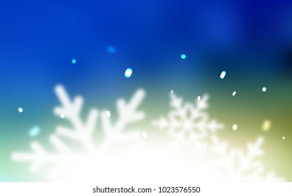 Light Blue, Green vector cover with beautiful snowflakes. Blurred decorative design in xmas style with snow. The pattern can be used for year new  websites.