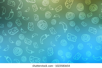 Light Blue, Green vector cover with cuisine gourmet. Decorative shining illustration with food on abstract template. Pattern for menu of cafes, bars, restaurants.