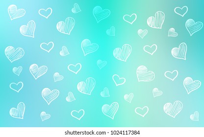 Light Blue, Green vector cover with Shining hearts. Glitter abstract illustration with colorful hearts in romantic style. Template for Valentine's greeting postcards.