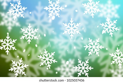 Light Blue, Green vector cover with beautiful snowflakes. Snow on blurred abstract background with gradient. New year design for your ad, poster, banner.