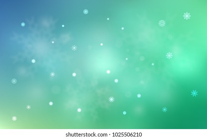 Light Blue, Green vector cover with beautiful snowflakes. Snow on blurred abstract background with gradient. New year design for your business advert.