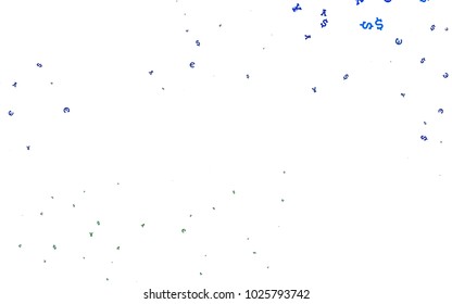 Light Blue, Green vector cover with Euro, Dollar, Yen signs. Illustration with EUR, USD, JPY signs on white template. Template for ads of markets, loans.