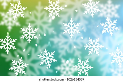 Light Blue, Green vector cover with beautiful snowflakes. Shining colored illustration with snow in christmas style. The pattern can be used for new year ad, booklets.