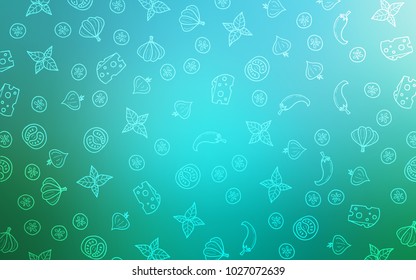 Light Blue, Green vector cover with cuisine gourmet. Beautiful colored illustration with food in doodle style. Template for meal cooking in kitchen.