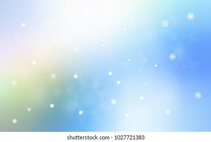 Light Blue, Green vector cover with beautiful snowflakes. Blurred decorative design in xmas style with snow. New year design for your ad, poster, banner.