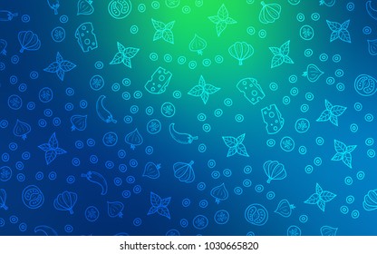 Light Blue, Green vector cover with cuisine gourmet. Decorative shining illustration with food on abstract template. Pattern for ad, booklets, leaflets of restaurants.