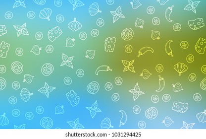 Light Blue, Green vector cover with cuisine gourmet. Decorative shining illustration with food on abstract template. Doodle design for your business advert of cafes.