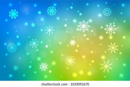 Light Blue, Green vector cover with beautiful snowflakes. Blurred decorative design in xmas style with snow. New year design for your ad, poster, banner.
