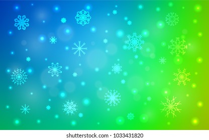 Light Blue, Green vector cover with beautiful snowflakes. Decorative shining illustration with snow on abstract template. New year design for your business advert.