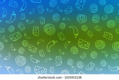 Light Blue, Green vector cover with cuisine gourmet. Blurred decorative design of snacks in doodle style. Pattern for ad, booklets, leaflets of restaurants.