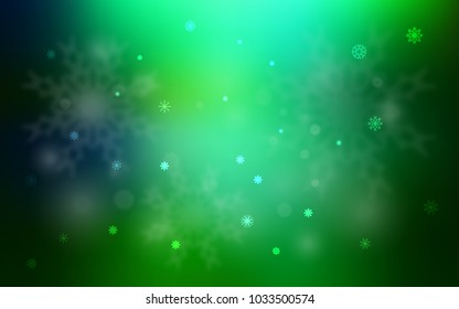 Light Blue, Green vector cover with beautiful snowflakes. Blurred decorative design in xmas style with snow. The pattern can be used for year new  websites.