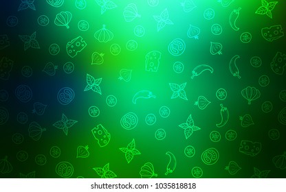 Light Blue, Green vector cover with cuisine gourmet. Glitter abstract sketch with gourmet food. Doodle design for your business advert of cafes.